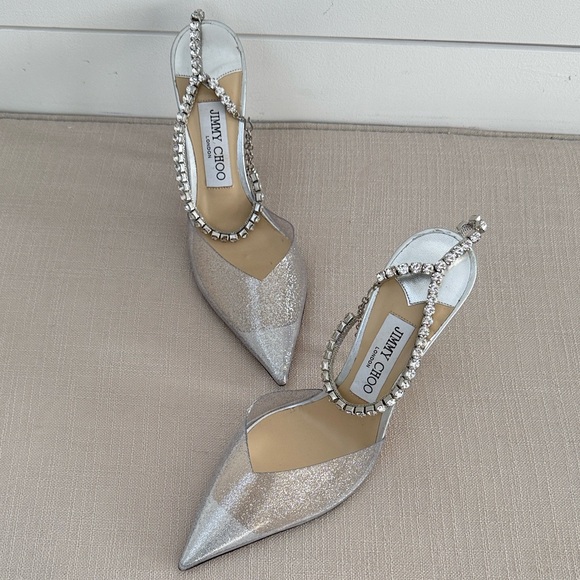 LIKE NEW-Jimmy Choo Saeda 100 Glitter Plexi Pumps with Crystal Embellishment - Picture 3 of 9